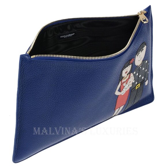 DOLCE & GABBANA BAG FAMILY PATCH BLUE LEATHER CLUTCH ZIPPERED - Picture 4 of 6